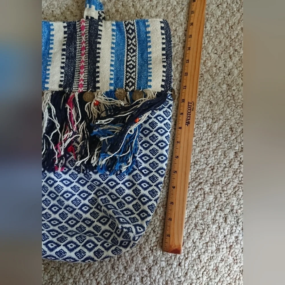 America & Beyond Boho Embroidered Tassel Blue and White Tote Bag